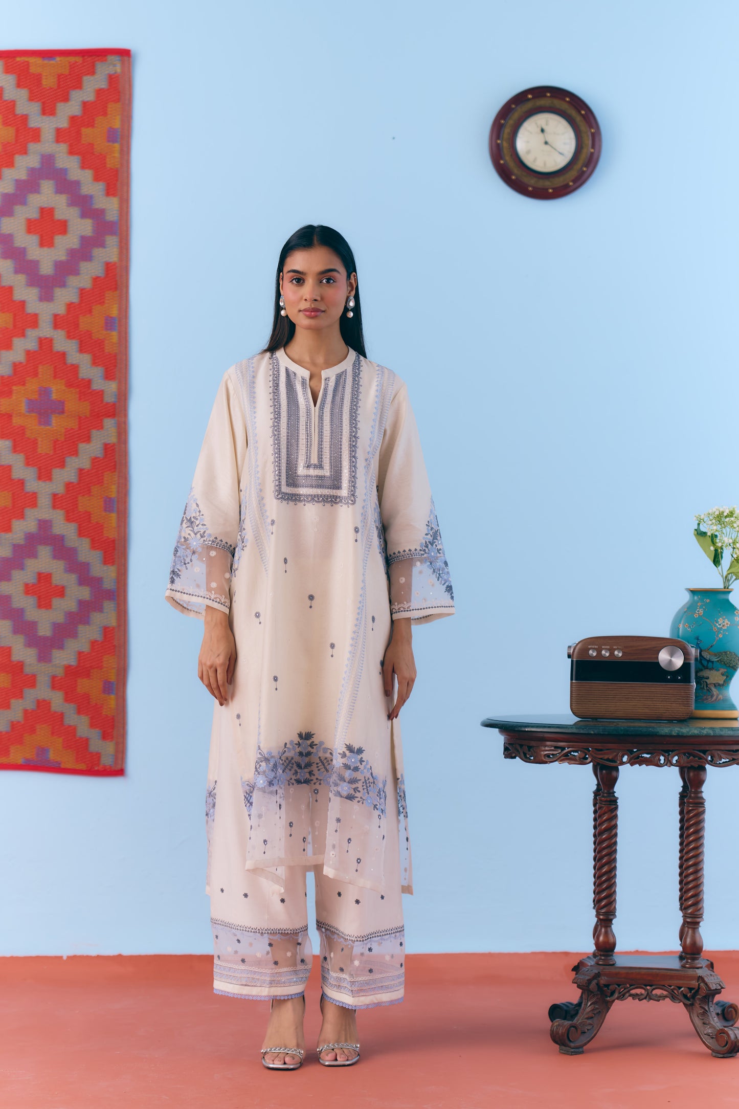 White Silk Chanderi Kurta Set with Blue Thread Embroidery