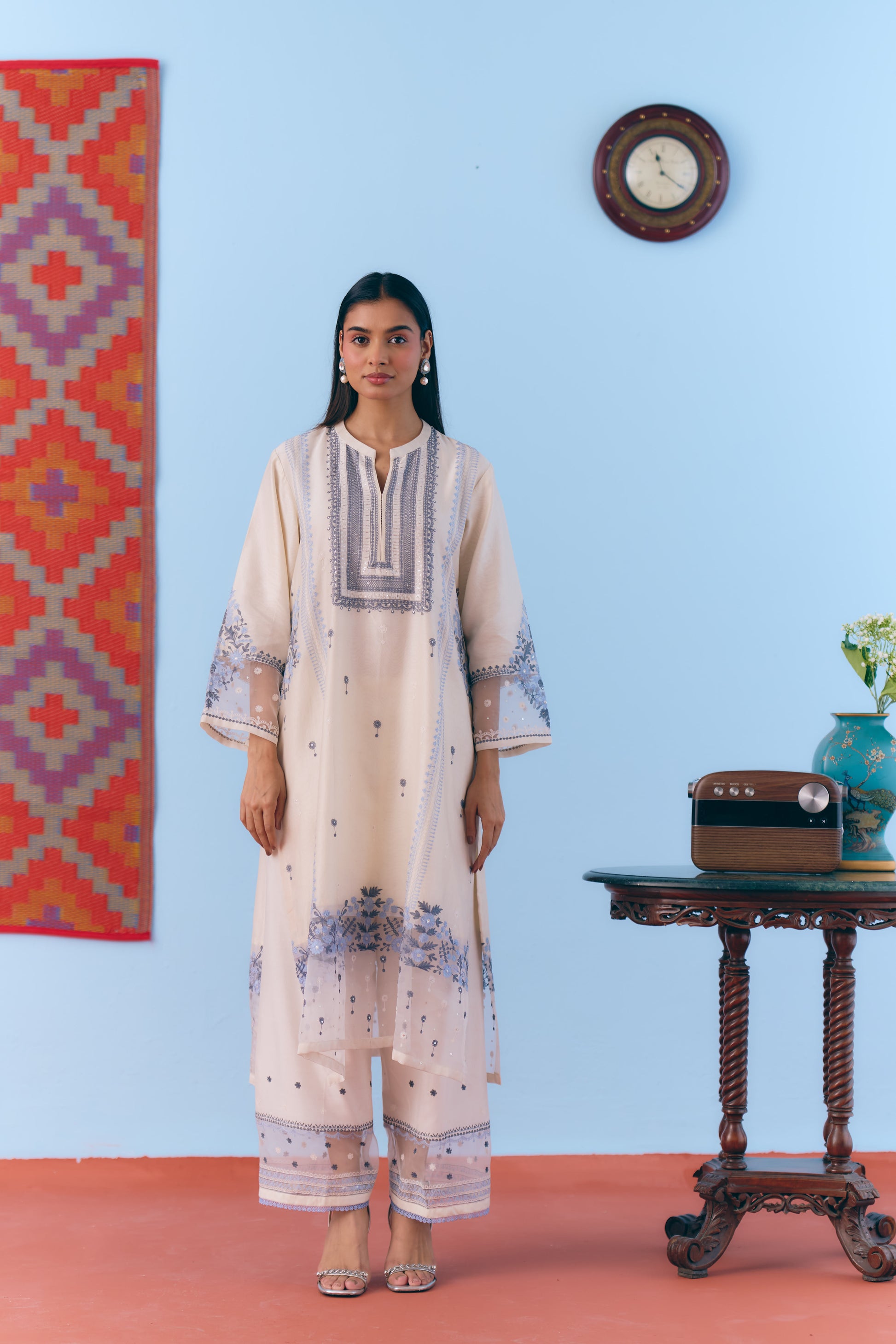 White Silk Chanderi Kurta Set with Blue Thread Embroidery