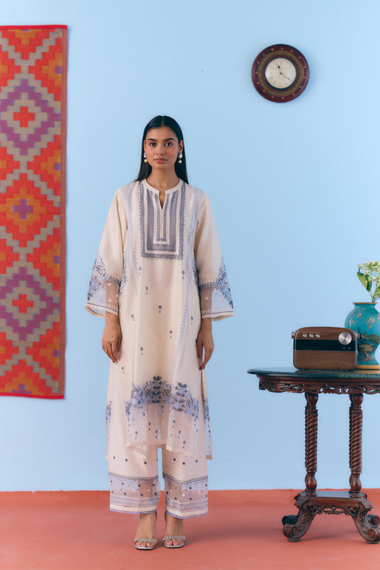 White Silk Chanderi Kurta Set with Blue Thread Embroidery