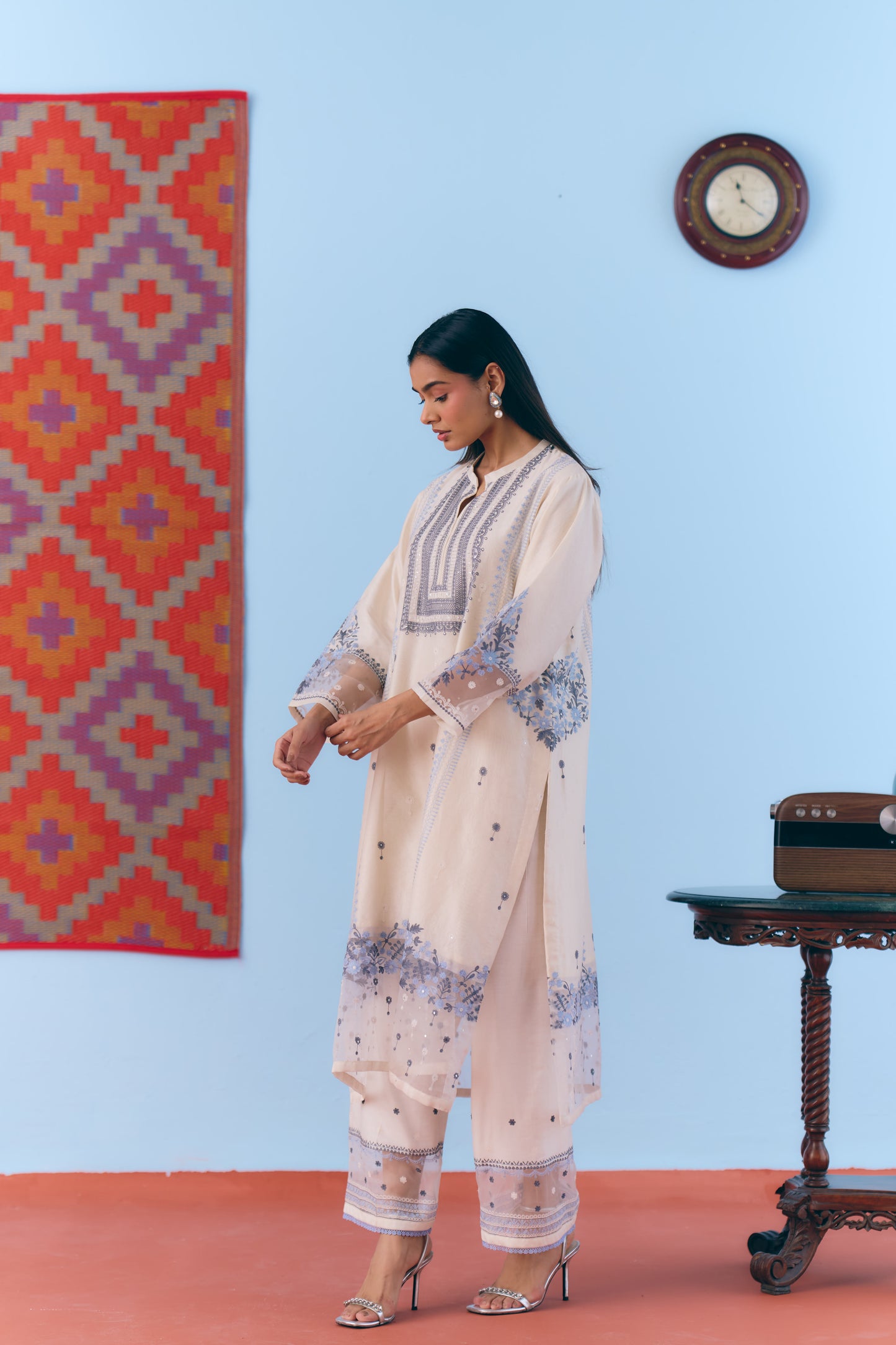 White Silk Chanderi Kurta Set with Blue Thread Embroidery