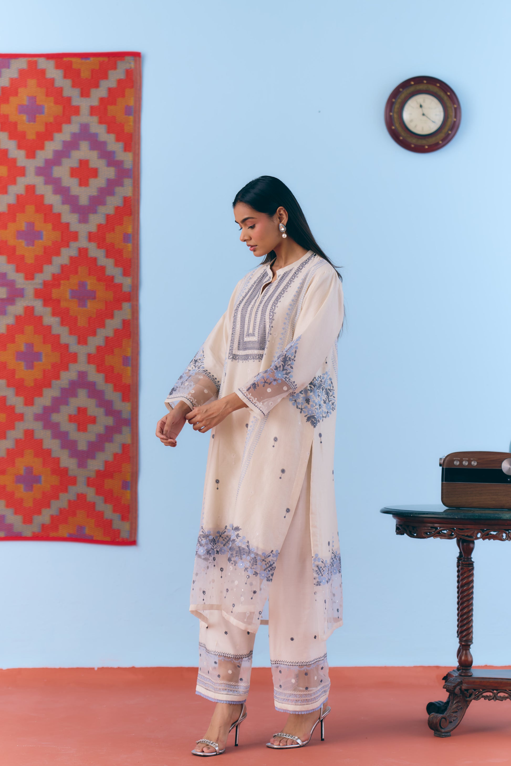White Silk Chanderi Kurta Set with Blue Thread Embroidery