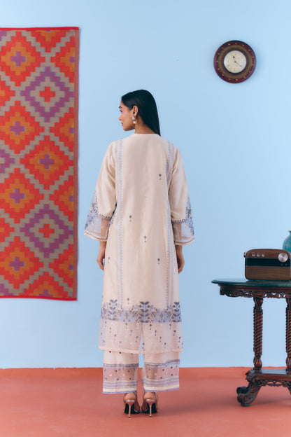 White Silk Chanderi Kurta Set with Blue Thread Embroidery