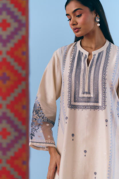 White Silk Chanderi Kurta Set with Blue Thread Embroidery