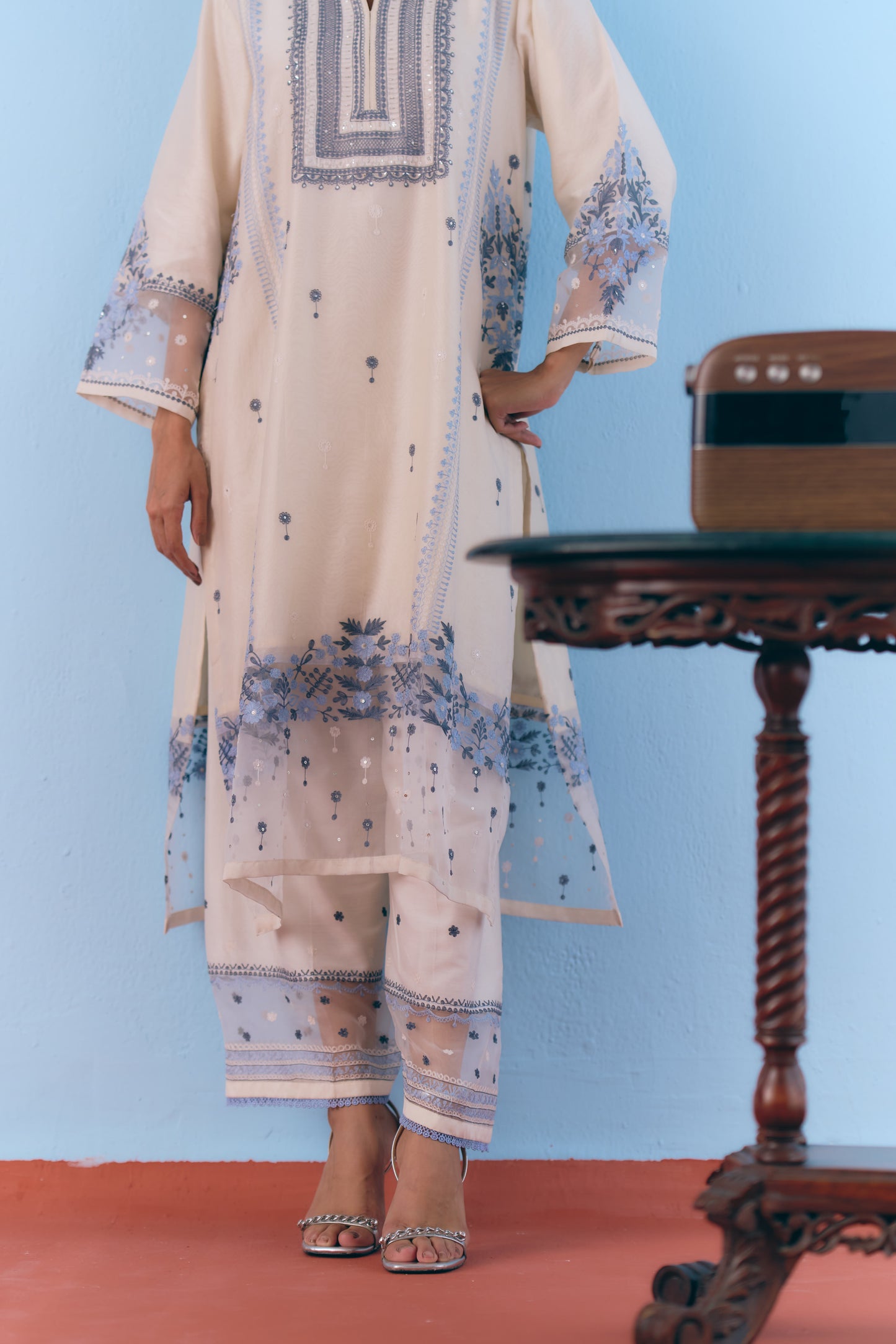 White Silk Chanderi Kurta Set with Blue Thread Embroidery