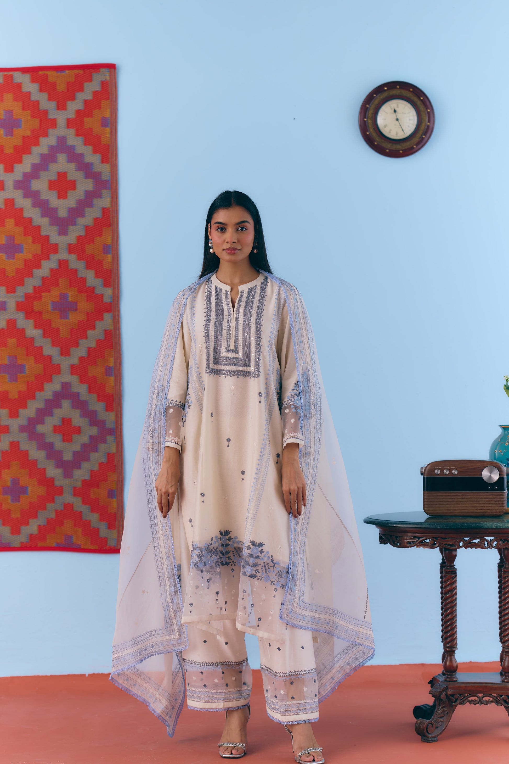 White Silk Chanderi Kurta Set with Blue Thread Embroidery