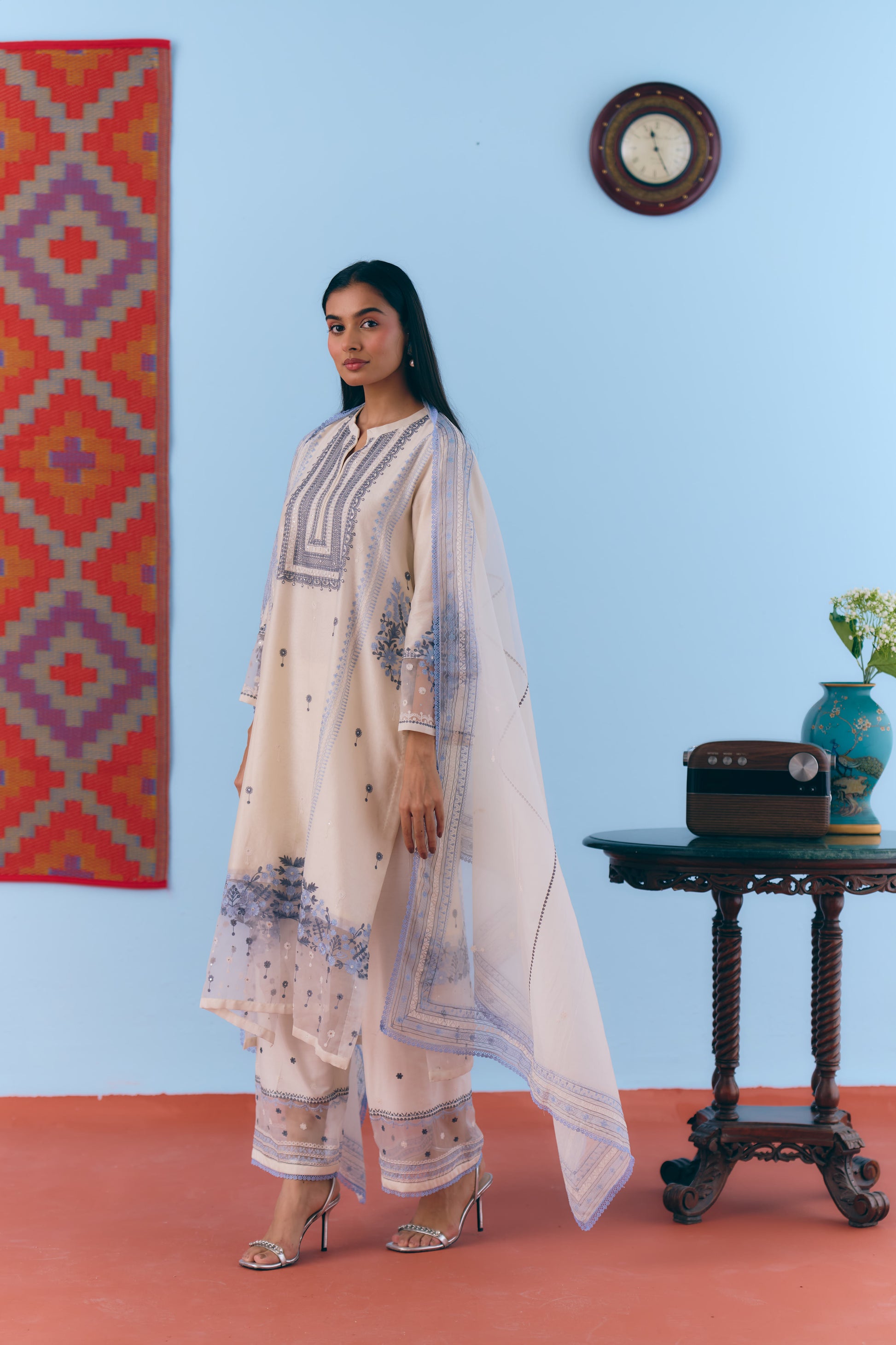 White Silk Chanderi Kurta Set with Blue Thread Embroidery