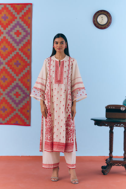 White Silk Chanderi Kurta Set with Red Thread Embroidery