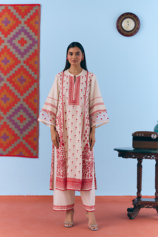 White Silk Chanderi Kurta Set with Red Thread Embroidery