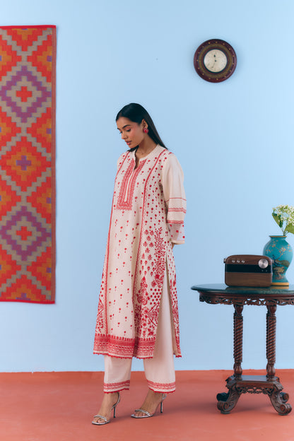 White Silk Chanderi Kurta Set with Red Thread Embroidery