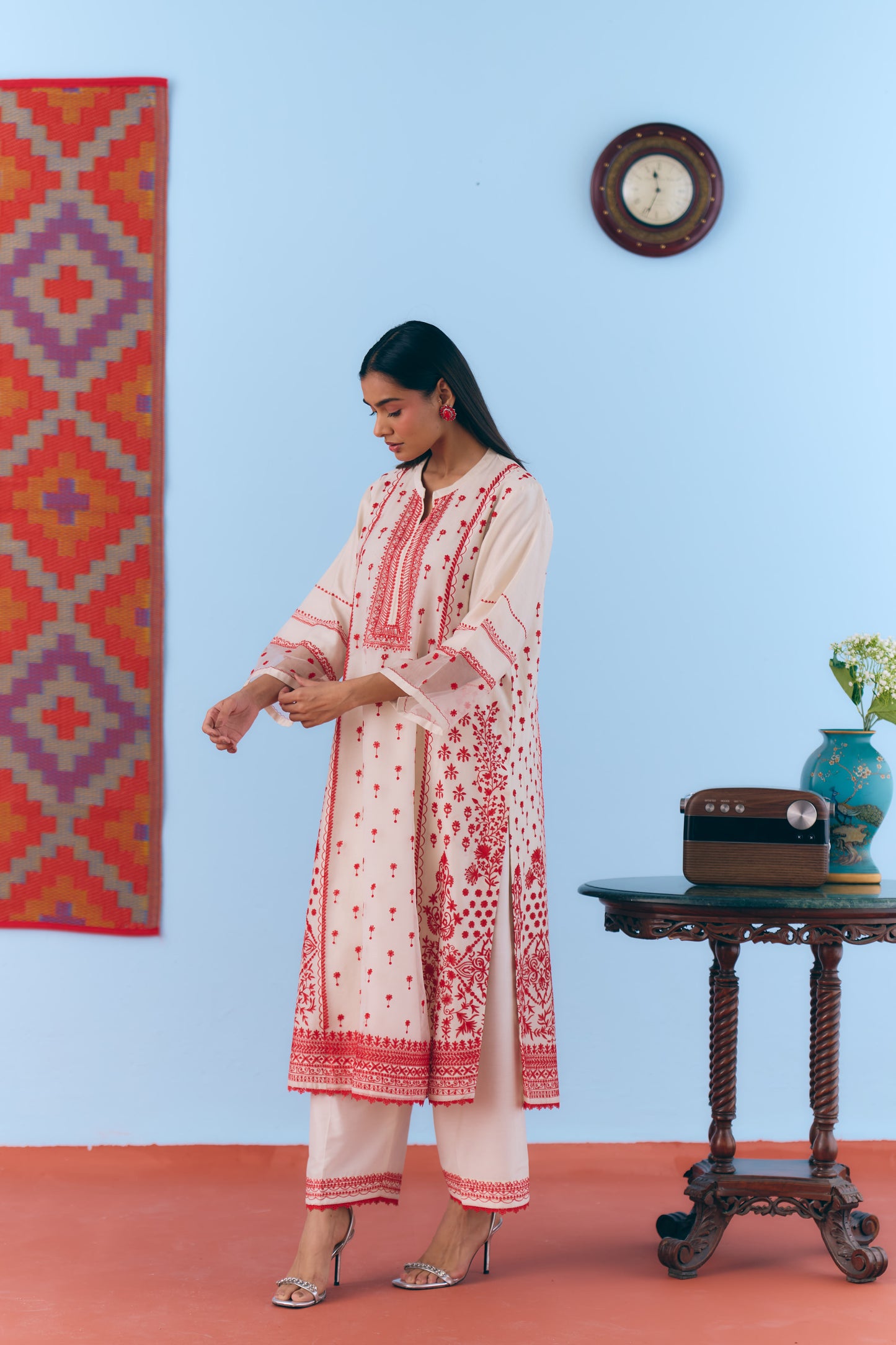 White Silk Chanderi Kurta Set with Red Thread Embroidery