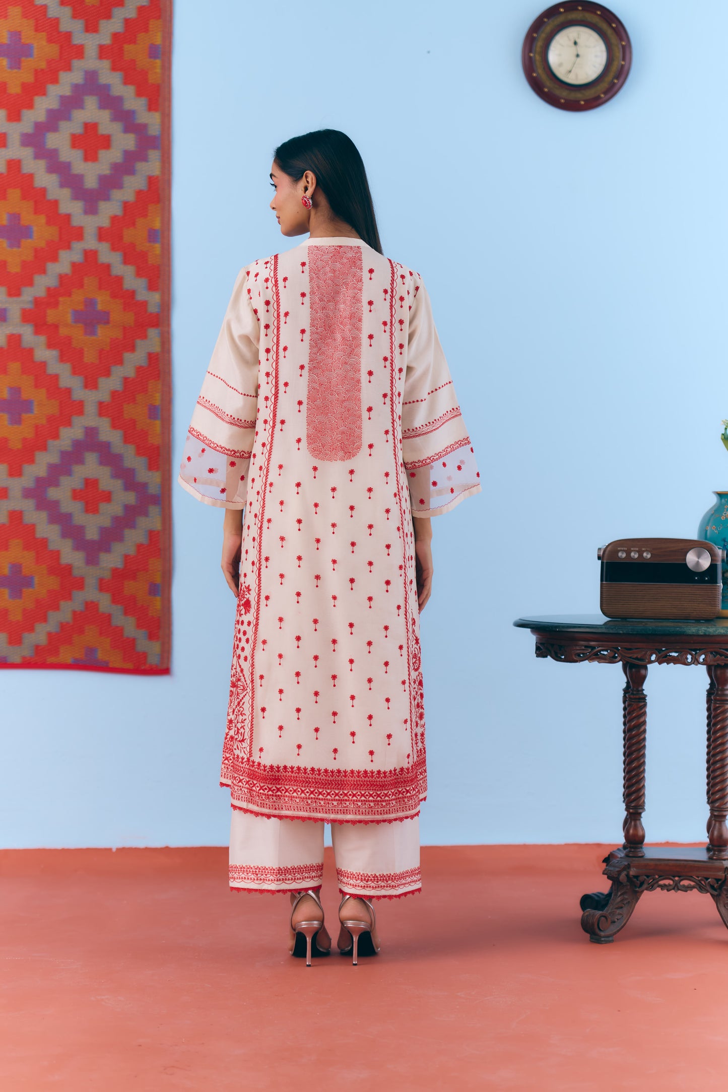 White Silk Chanderi Kurta Set with Red Thread Embroidery