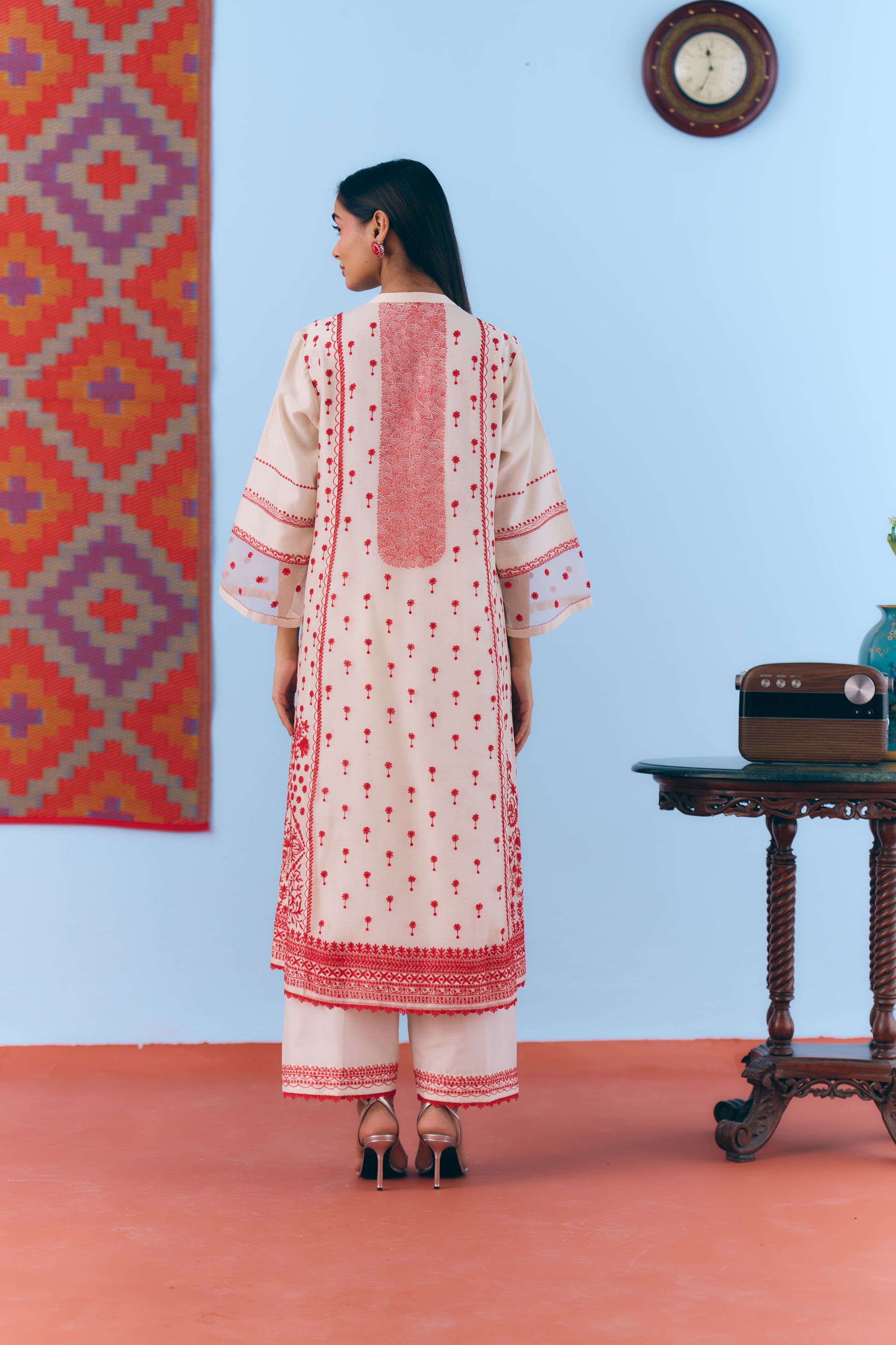 White Silk Chanderi Kurta Set with Red Thread Embroidery