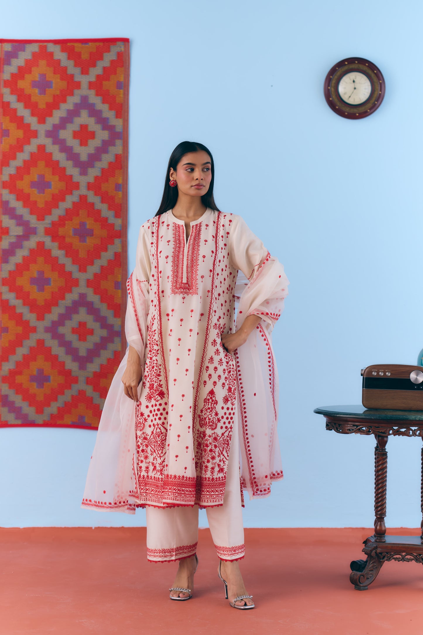 White Silk Chanderi Kurta Set with Red Thread Embroidery