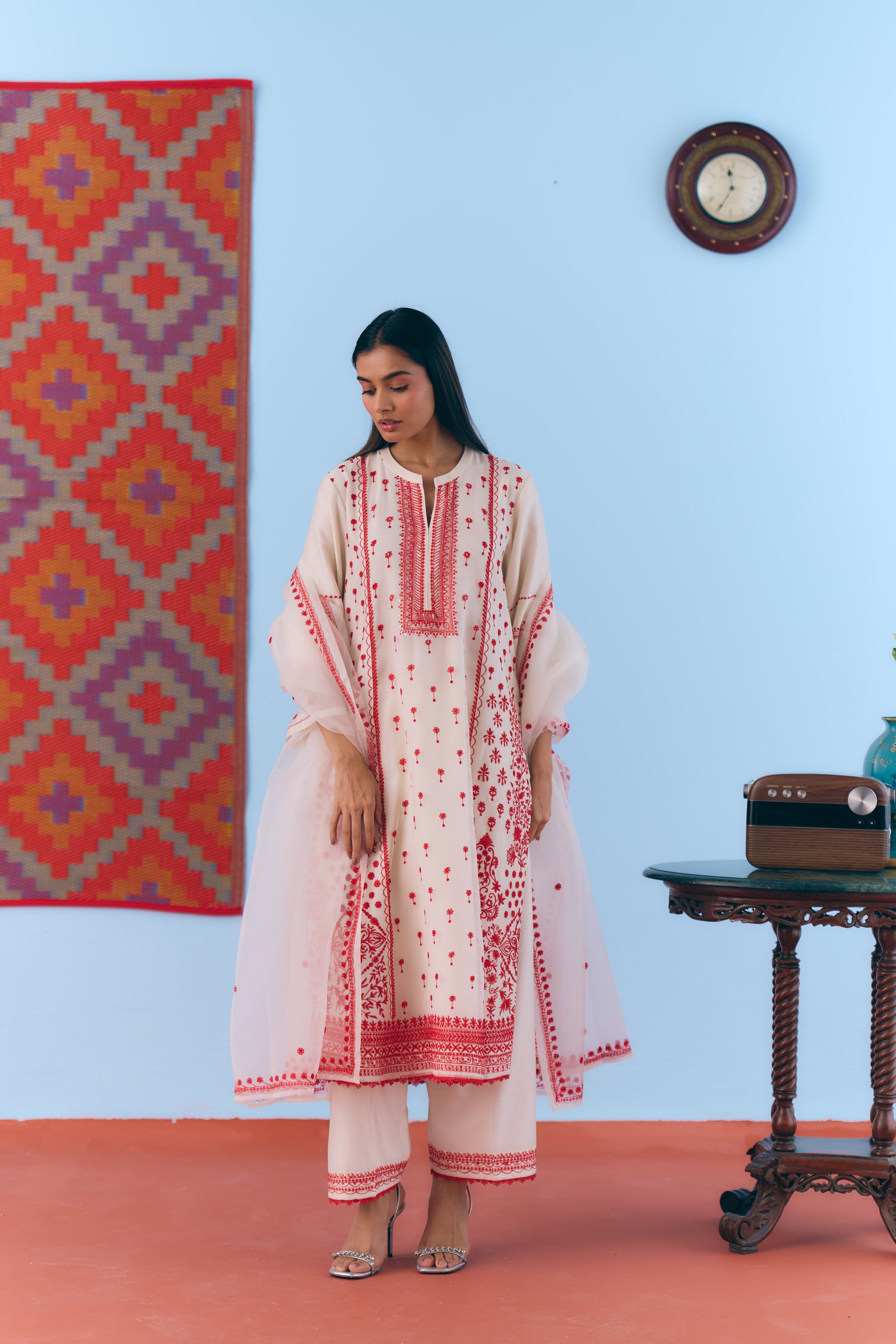 White Silk Chanderi Kurta Set with Red Thread Embroidery