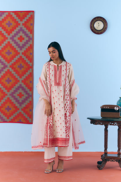 White Silk Chanderi Kurta Set with Red Thread Embroidery