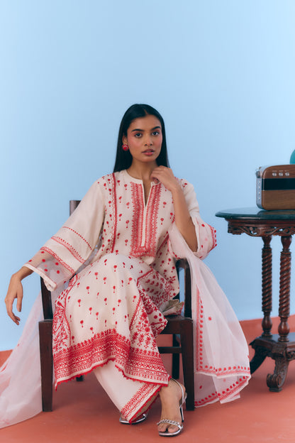 White Silk Chanderi Kurta Set with Red Thread Embroidery
