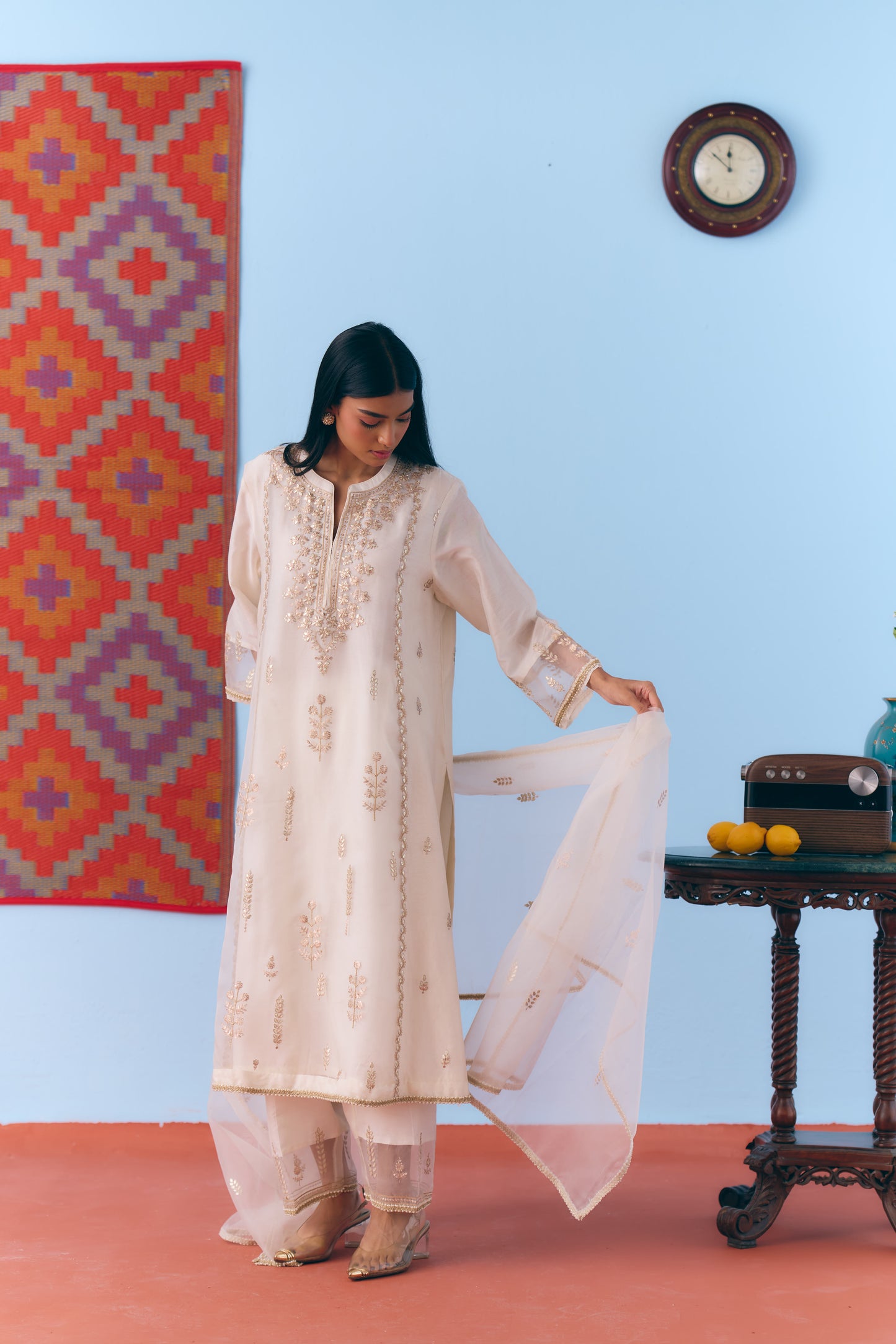 White Silk Chanderi Kurta Set with Gota, Dori & Zari Embroidery