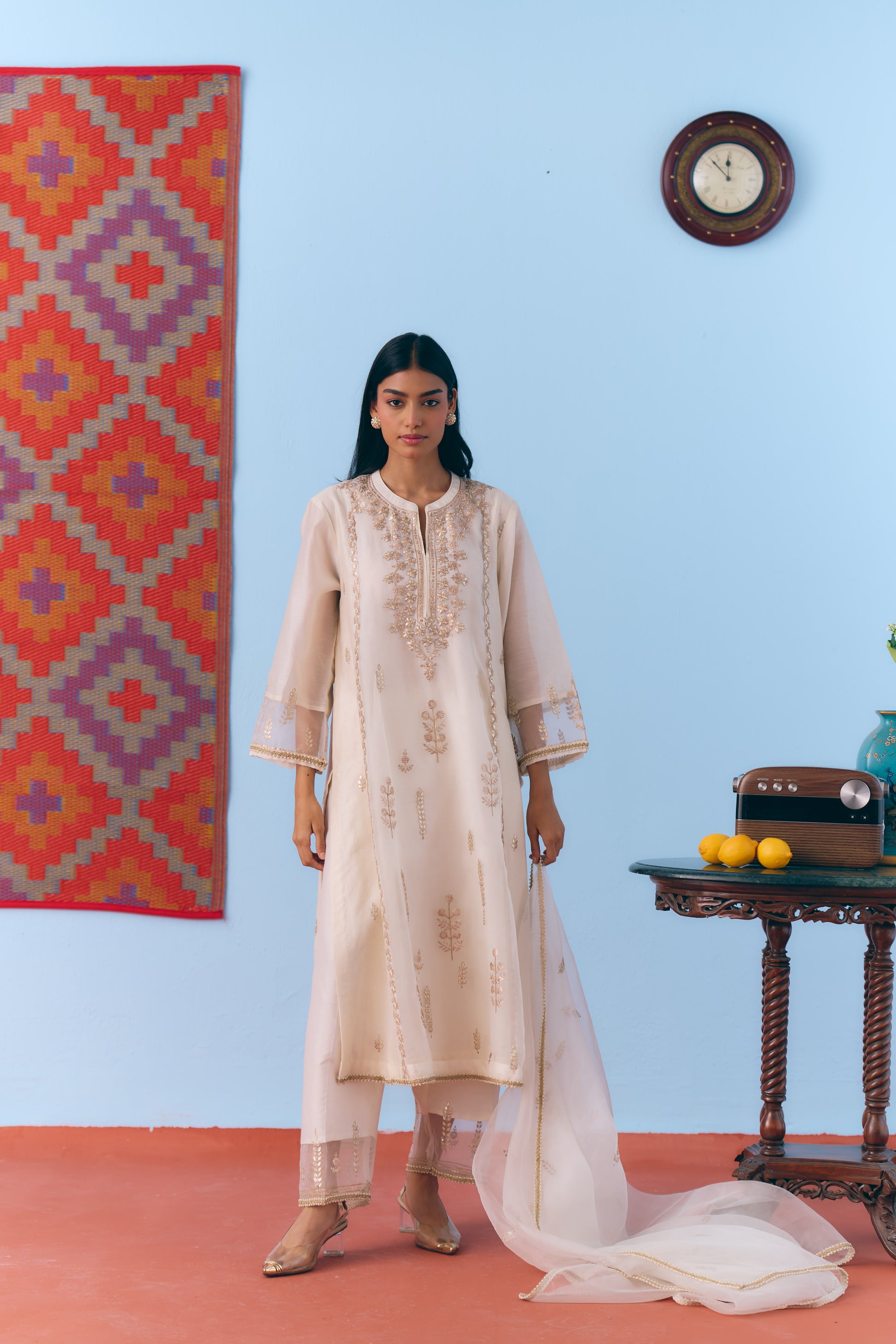 White Silk Chanderi Kurta Set with Gota, Dori & Zari Embroidery