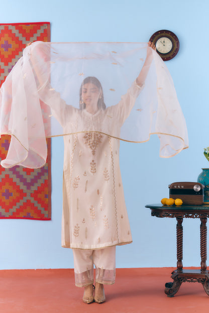 White Silk Chanderi Kurta Set with Gota, Dori & Zari Embroidery
