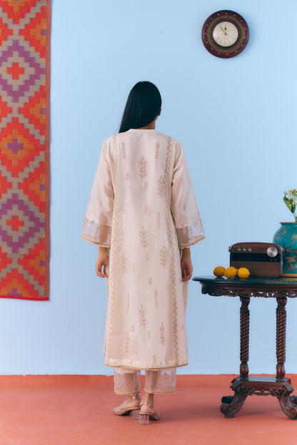 White Silk Chanderi Kurta Set with Gota, Dori & Zari Embroidery