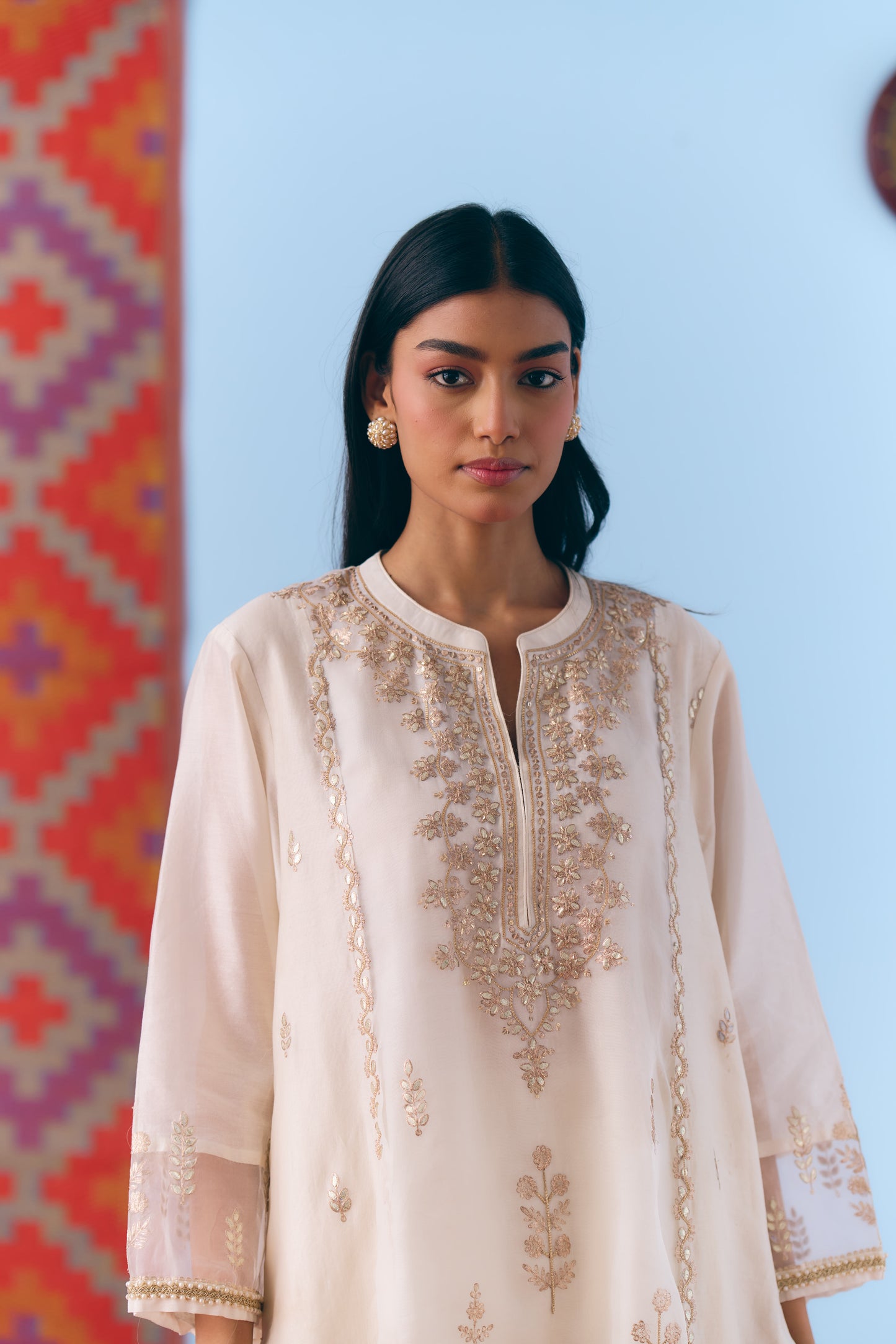 White Silk Chanderi Kurta Set with Gota, Dori & Zari Embroidery