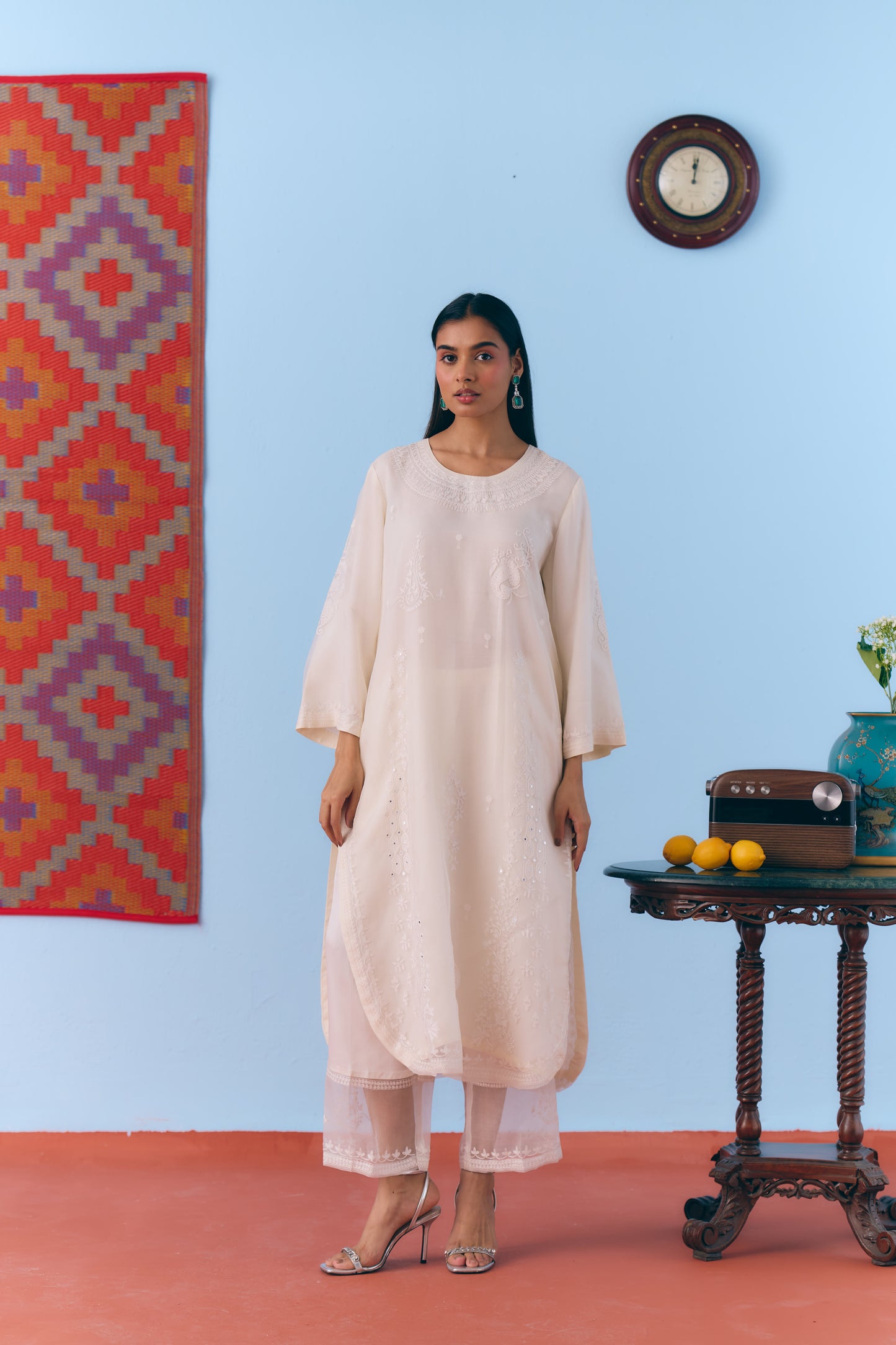 White Silk Organza Kurta Set with Thread Embroidery