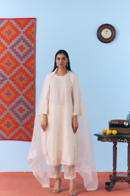 White Silk Organza Kurta Set with Thread Embroidery