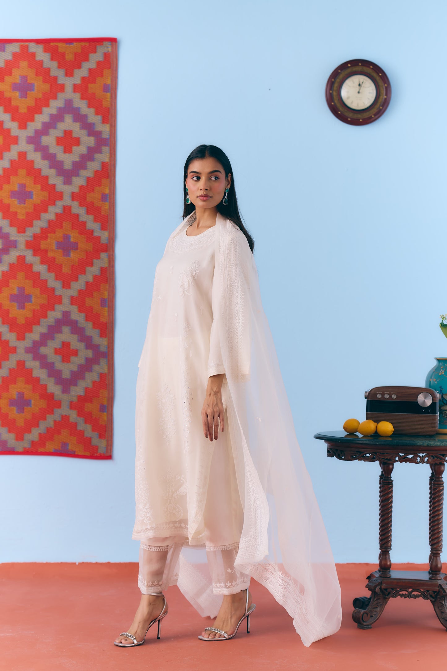White Silk Organza Kurta Set with Thread Embroidery