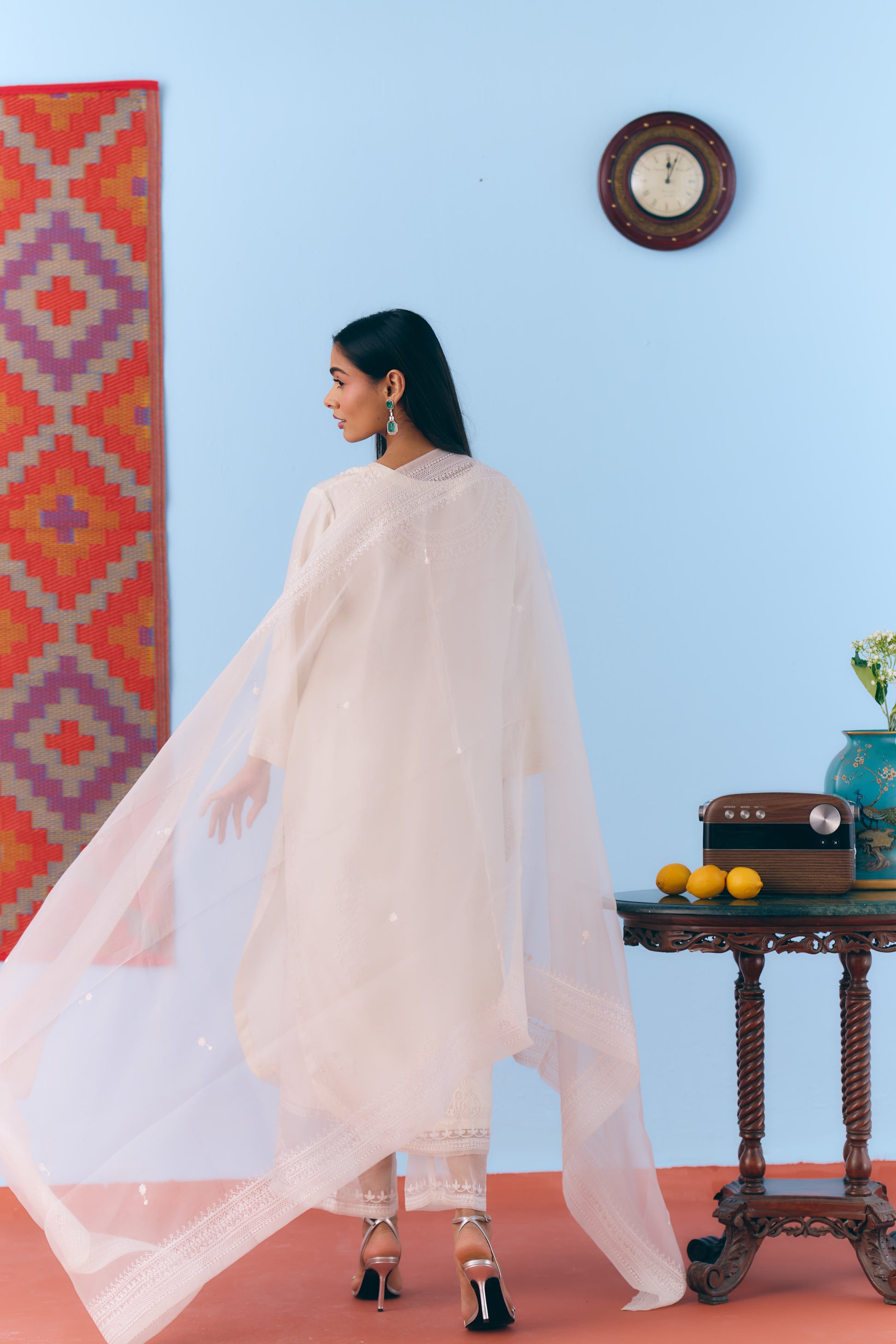 White Silk Organza Kurta Set with Thread Embroidery