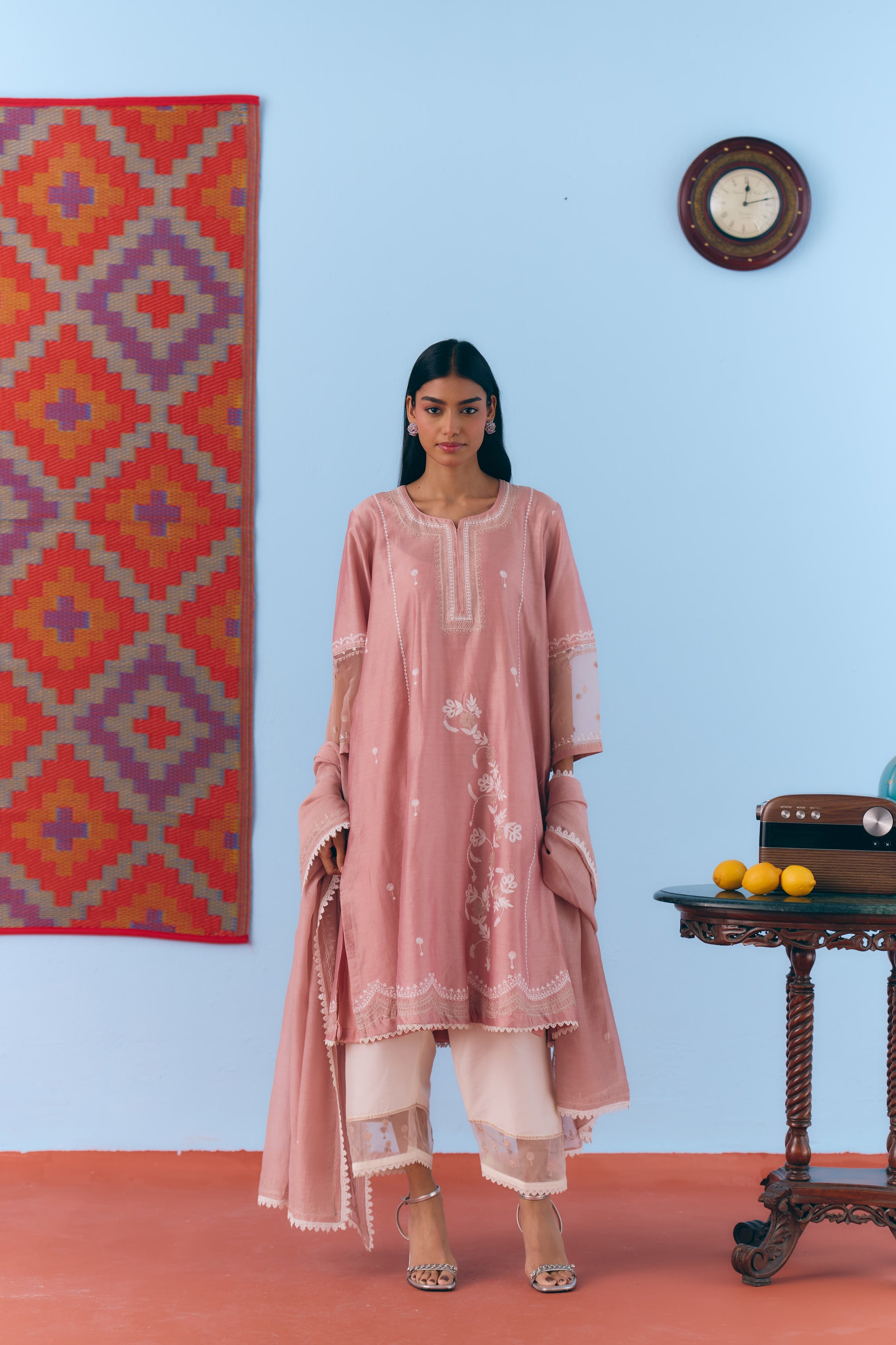 Dusky Pink Silk Chanderi Kurta Set with White Thread & Zari Embroidery