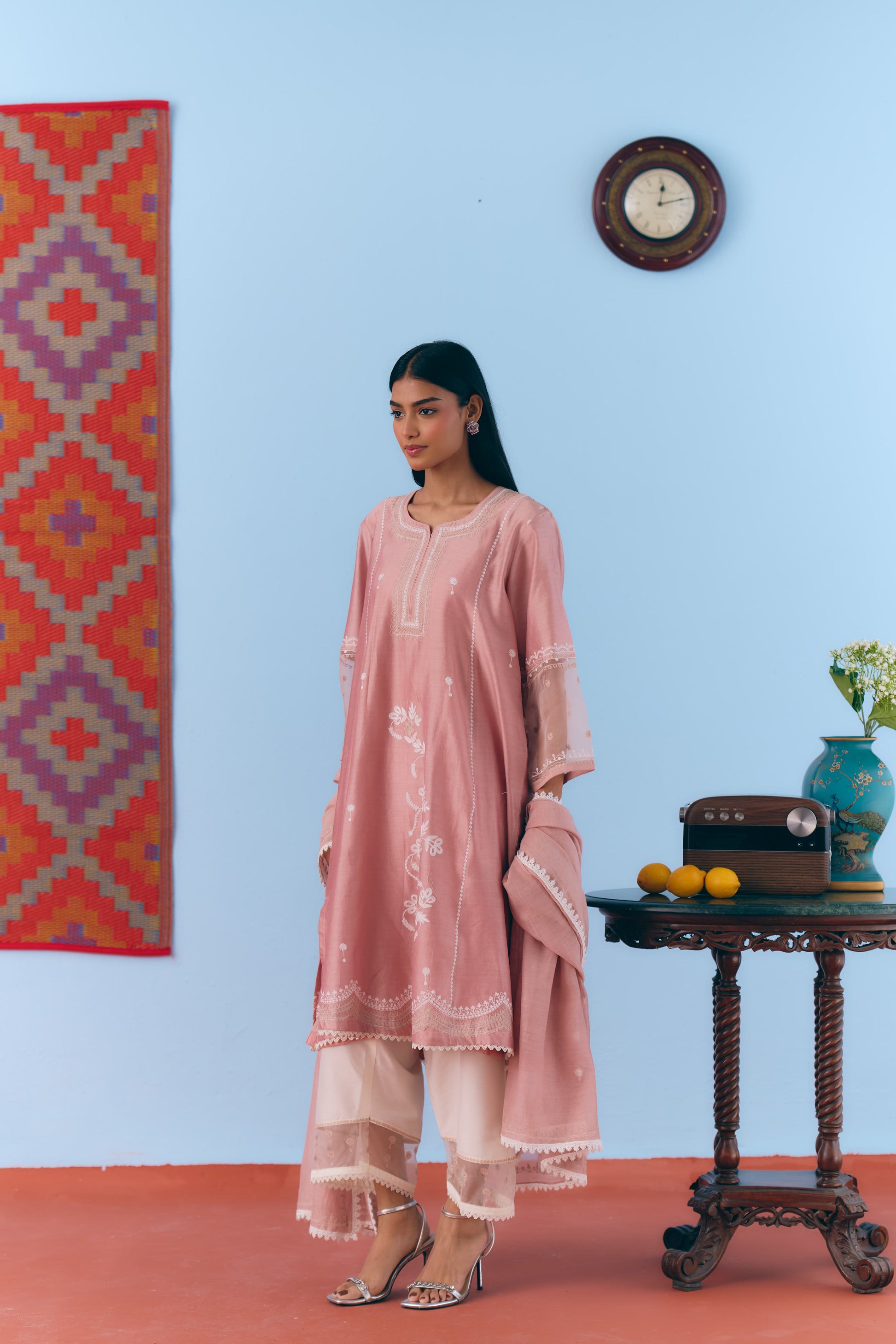 Dusky Pink Silk Chanderi Kurta Set with White Thread & Zari Embroidery