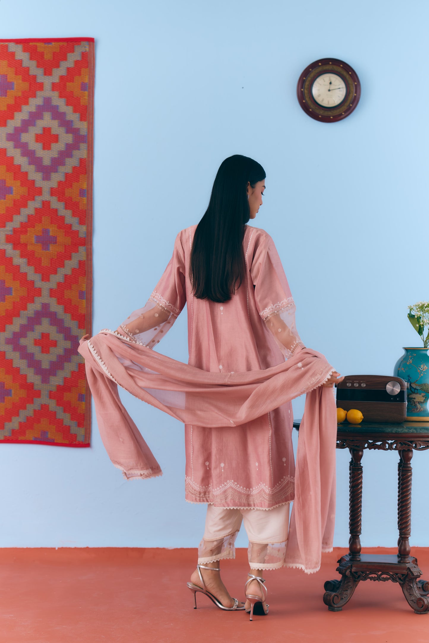 Dusky Pink Silk Chanderi Kurta Set with White Thread & Zari Embroidery