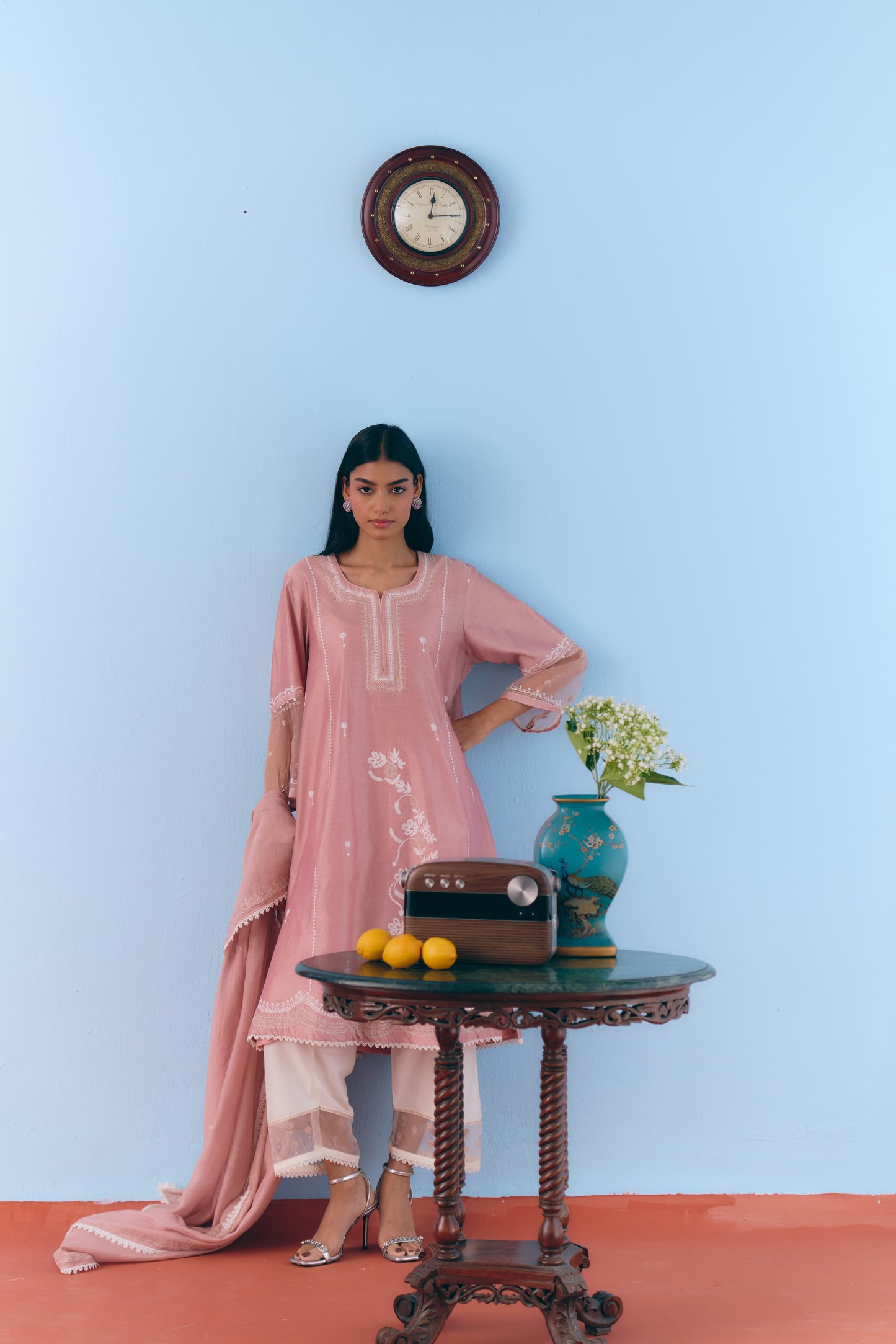 Dusky Pink Silk Chanderi Kurta Set with White Thread & Zari Embroidery