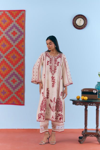 White Silk Chanderi Kurta Set with Deep Red & Silver Zari Embroidery