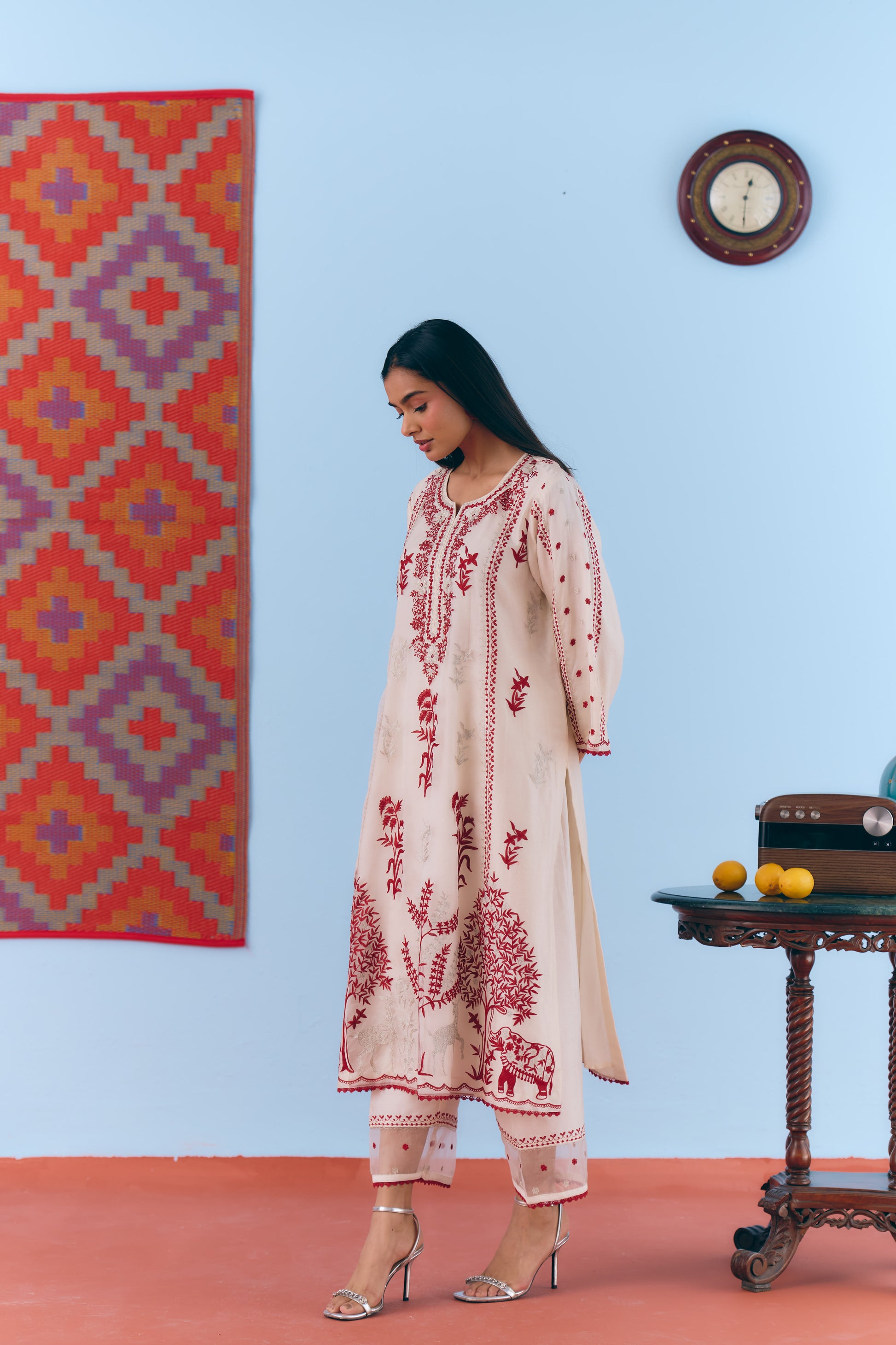 White Silk Chanderi Kurta Set with Deep Red & Silver Zari Embroidery