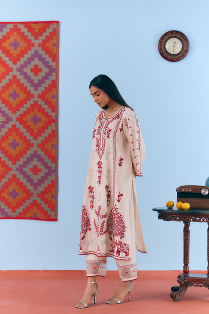 White Silk Chanderi Kurta Set with Deep Red & Silver Zari Embroidery