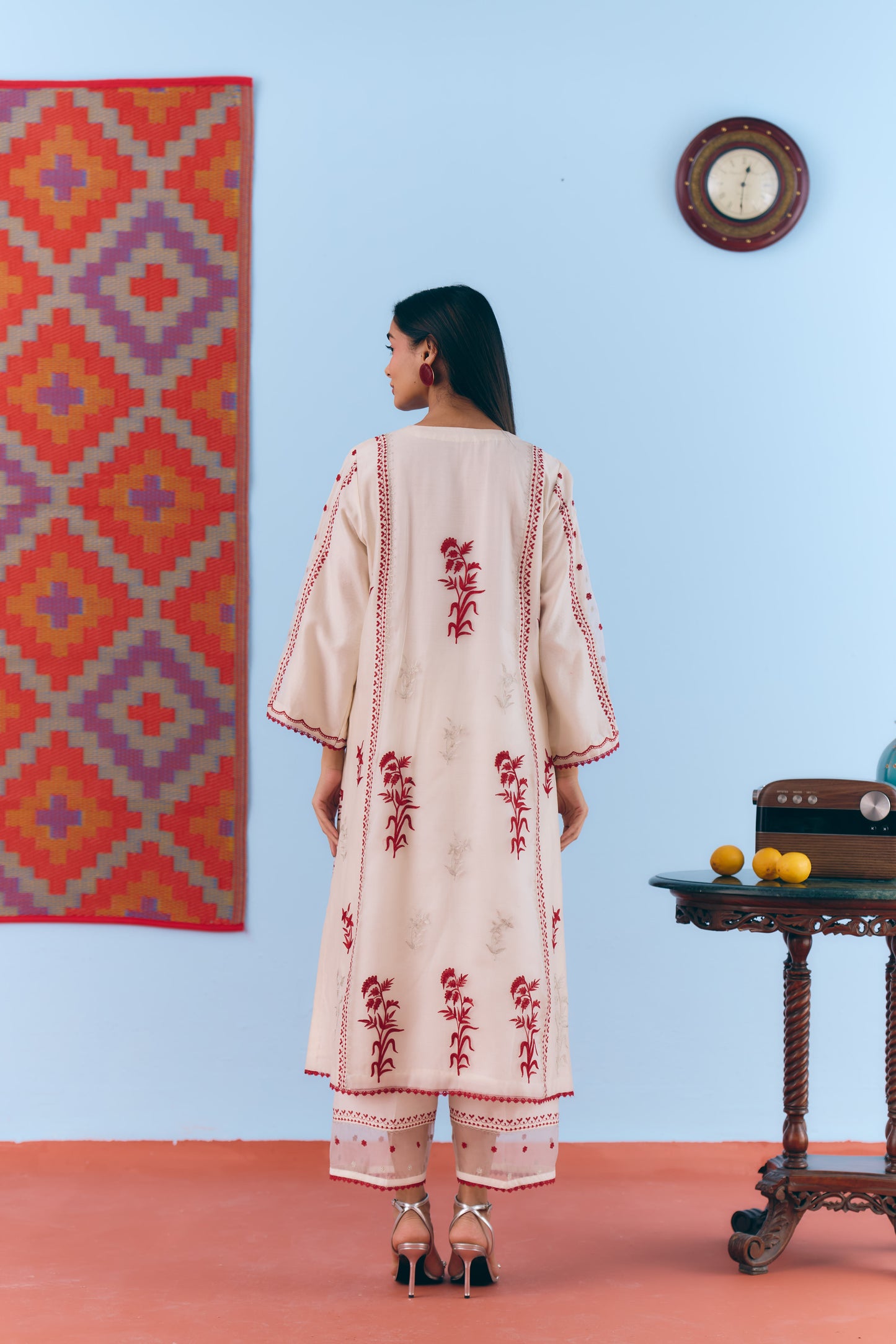 White Silk Chanderi Kurta Set with Deep Red & Silver Zari Embroidery