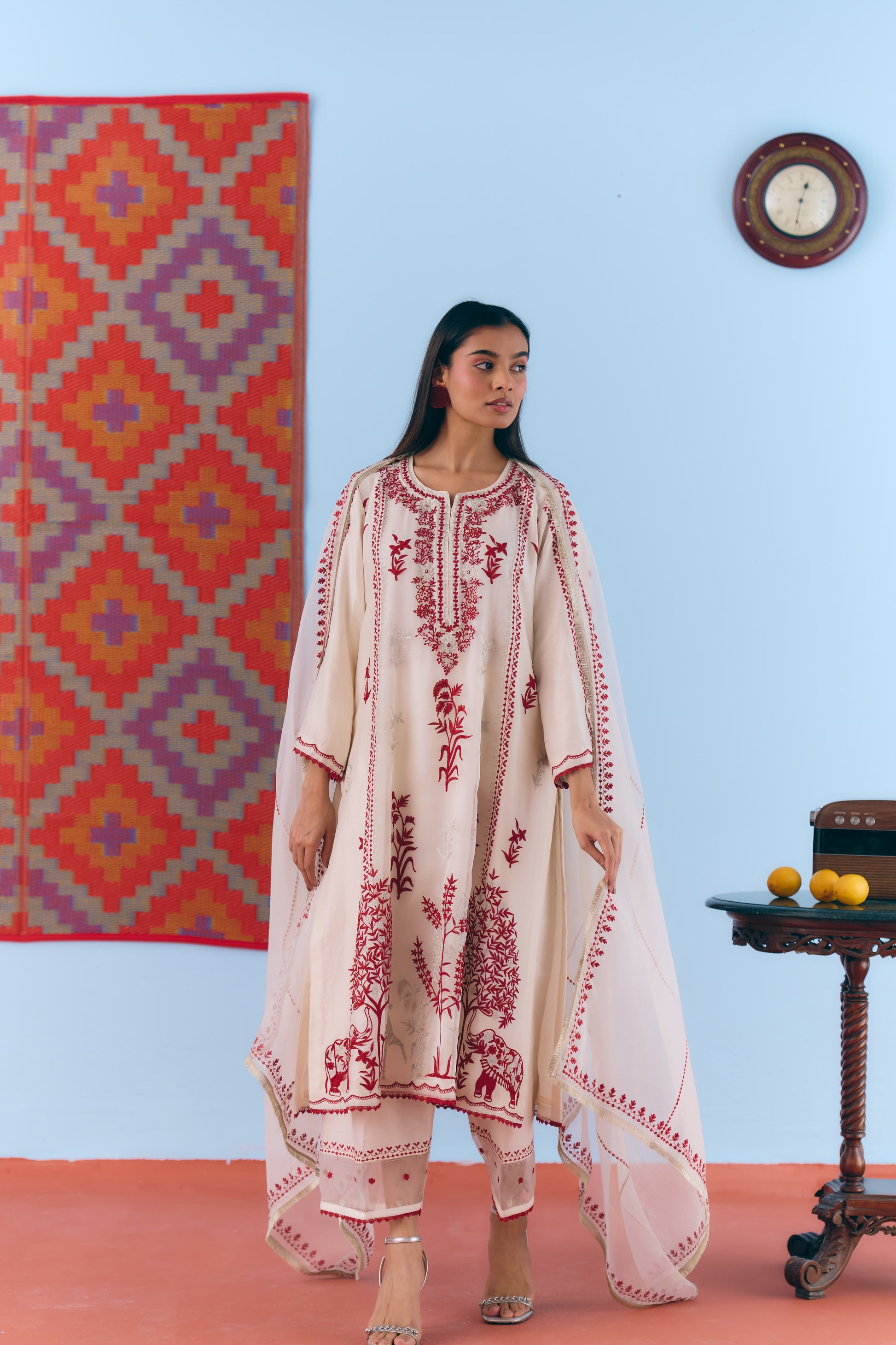 White Silk Chanderi Kurta Set with Deep Red & Silver Zari Embroidery