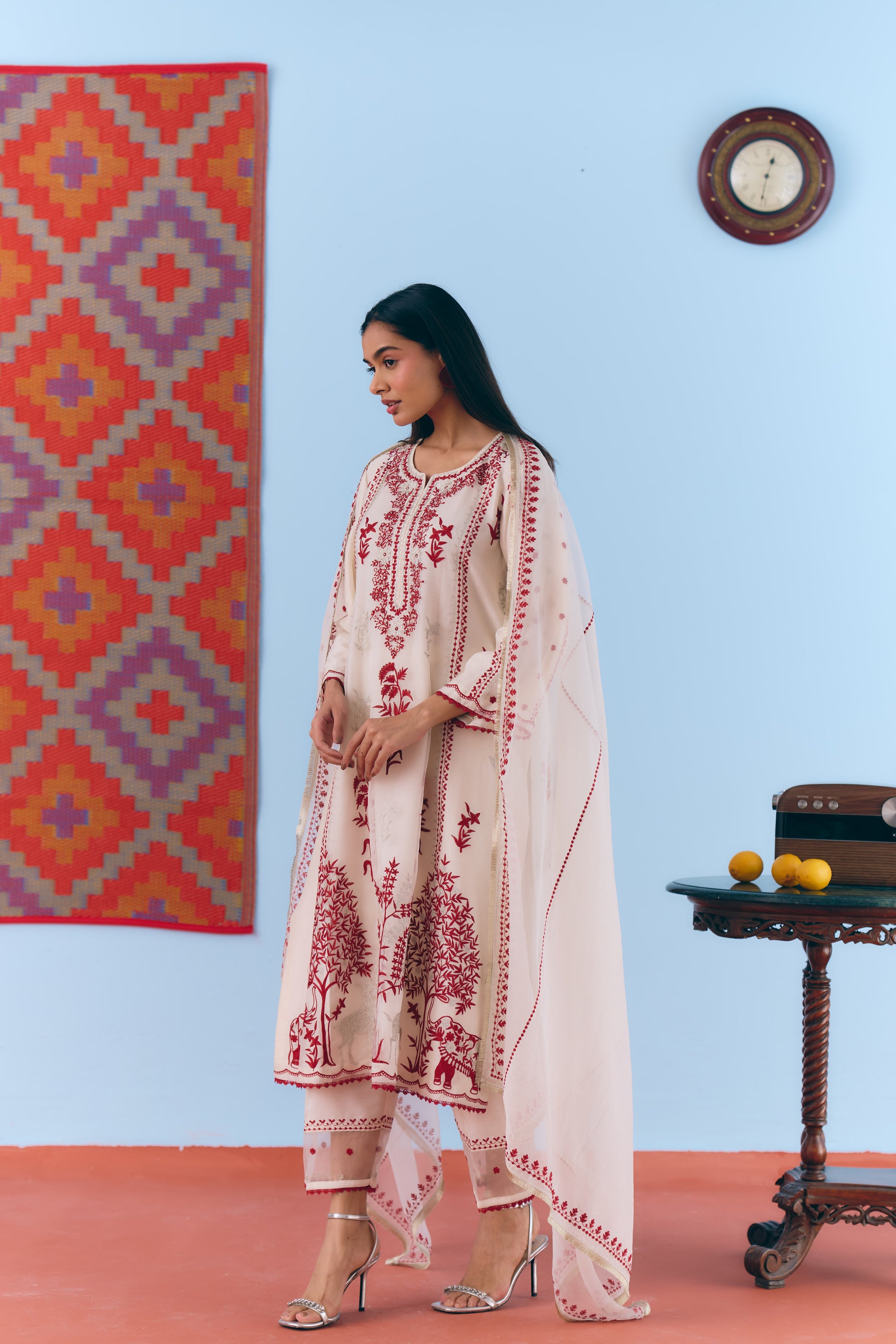 White Silk Chanderi Kurta Set with Deep Red & Silver Zari Embroidery