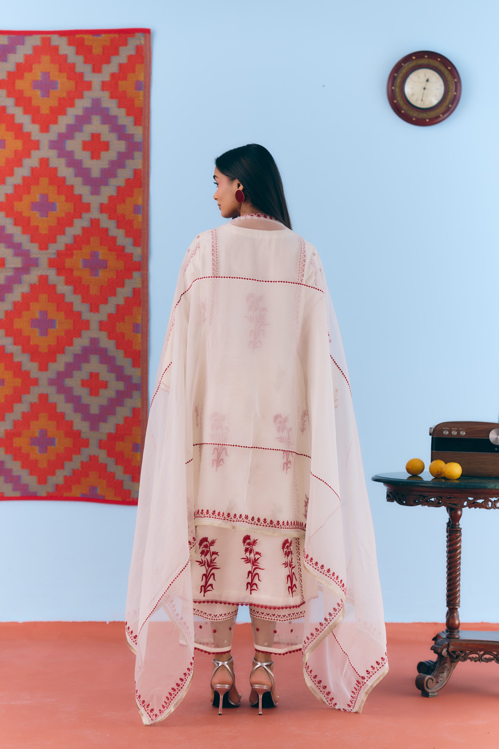 White Silk Chanderi Kurta Set with Deep Red & Silver Zari Embroidery