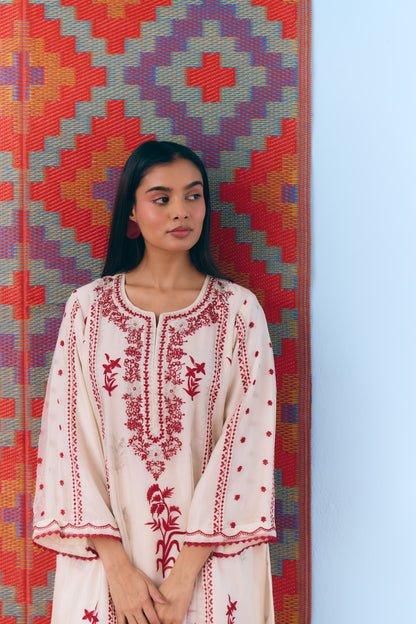White Silk Chanderi Kurta Set with Deep Red & Silver Zari Embroidery