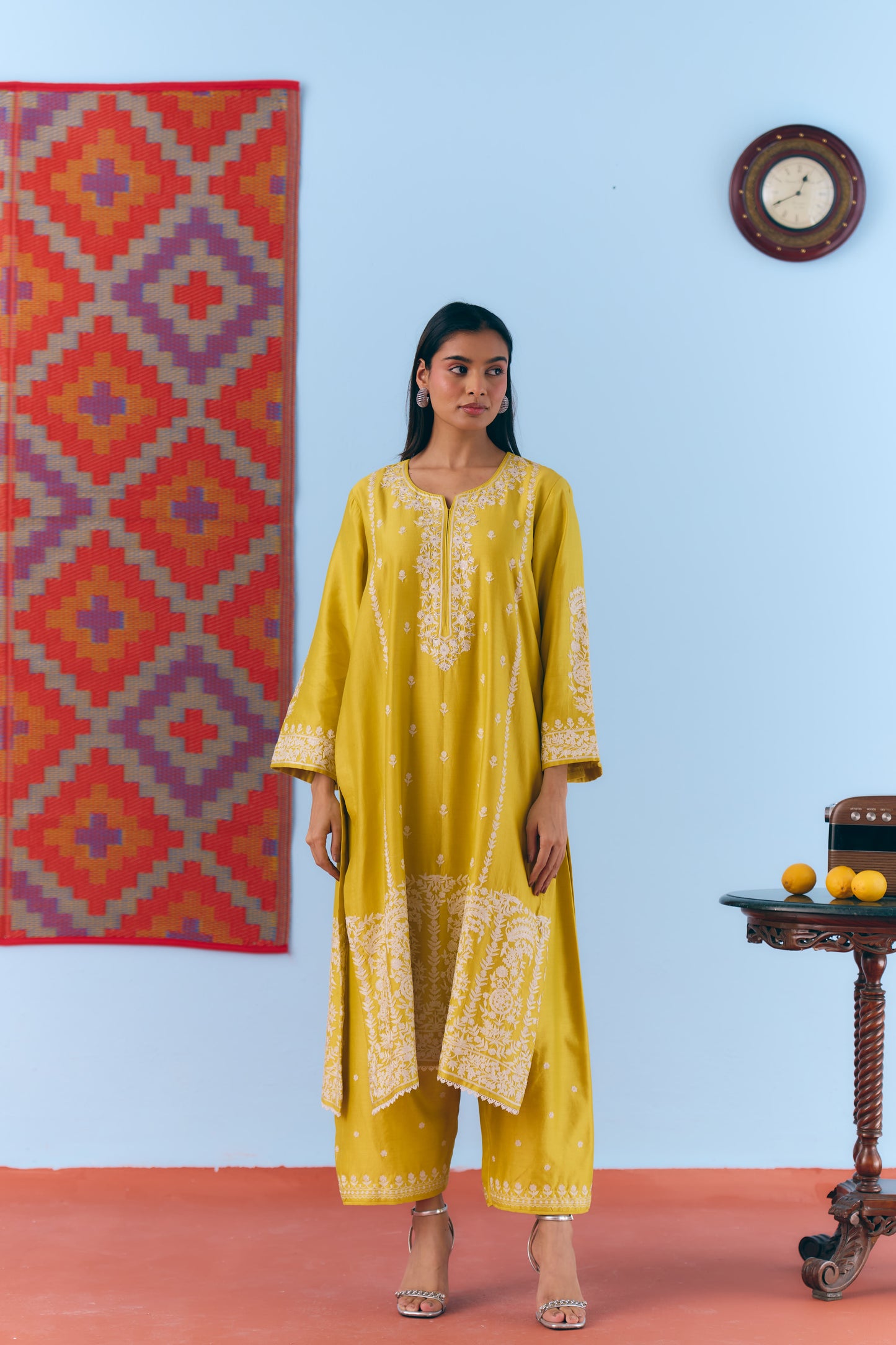 Yellow Silk Chanderi Kurta Set with White Thread & Pita Embroidery