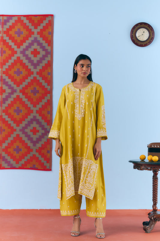 Yellow Silk Chanderi Kurta Set with White Thread & Pita Embroidery