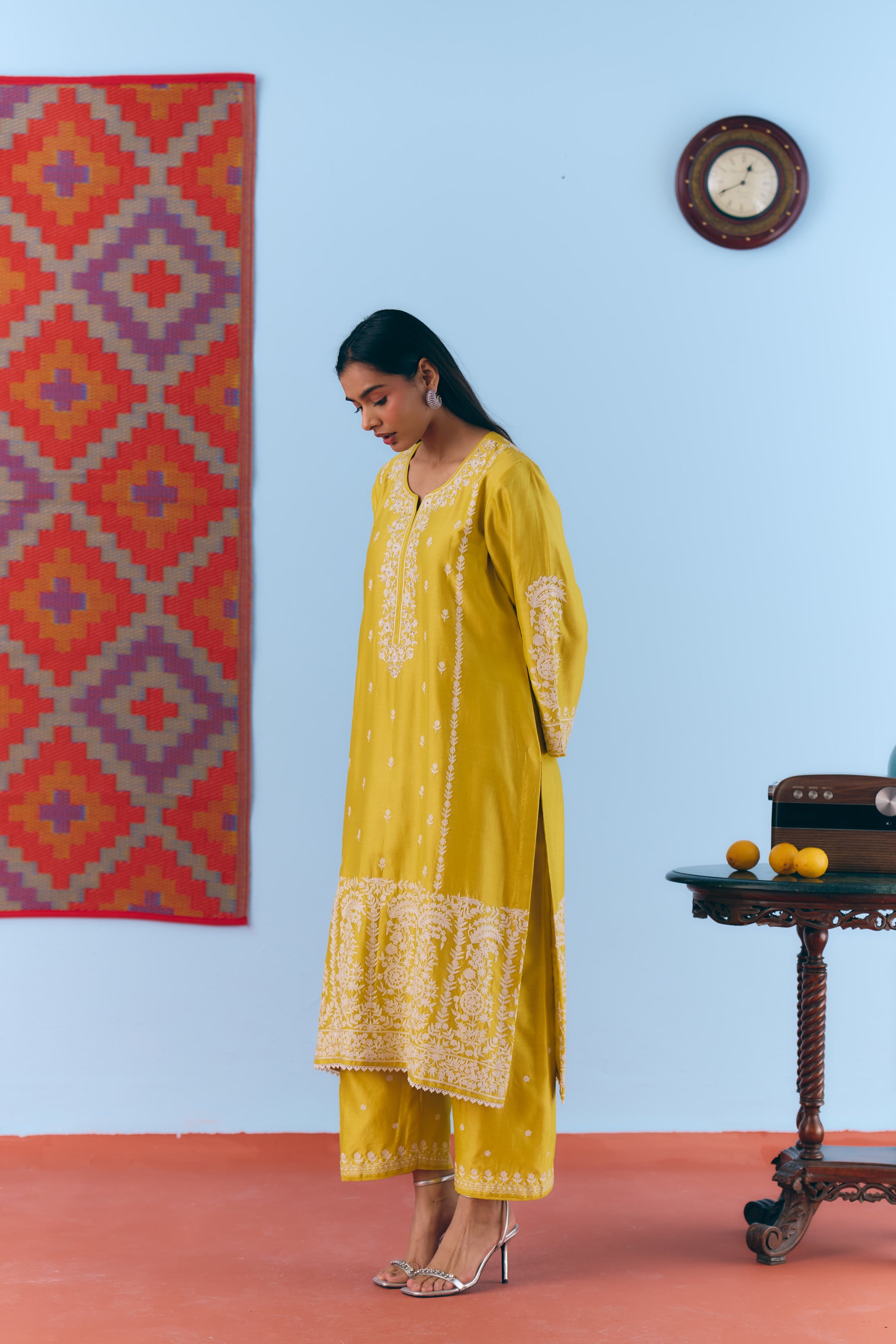 Yellow Silk Chanderi Kurta Set with White Thread & Pita Embroidery