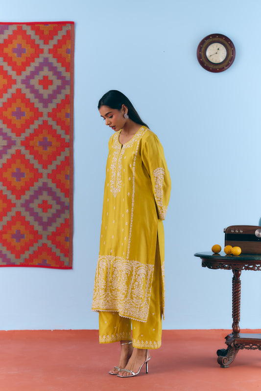 Yellow Silk Chanderi Kurta Set with White Thread & Pita Embroidery