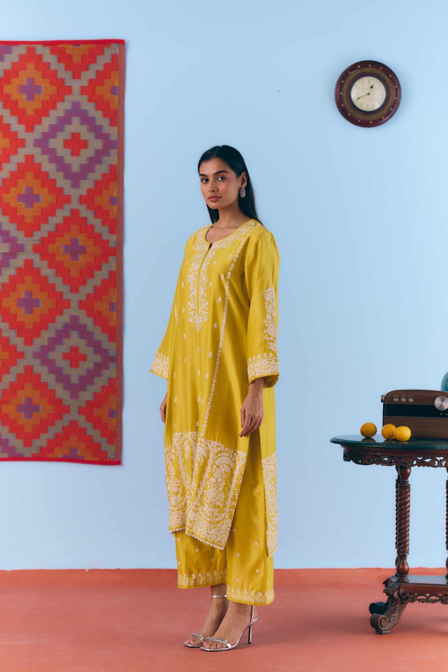 Yellow Silk Chanderi Kurta Set with White Thread & Pita Embroidery