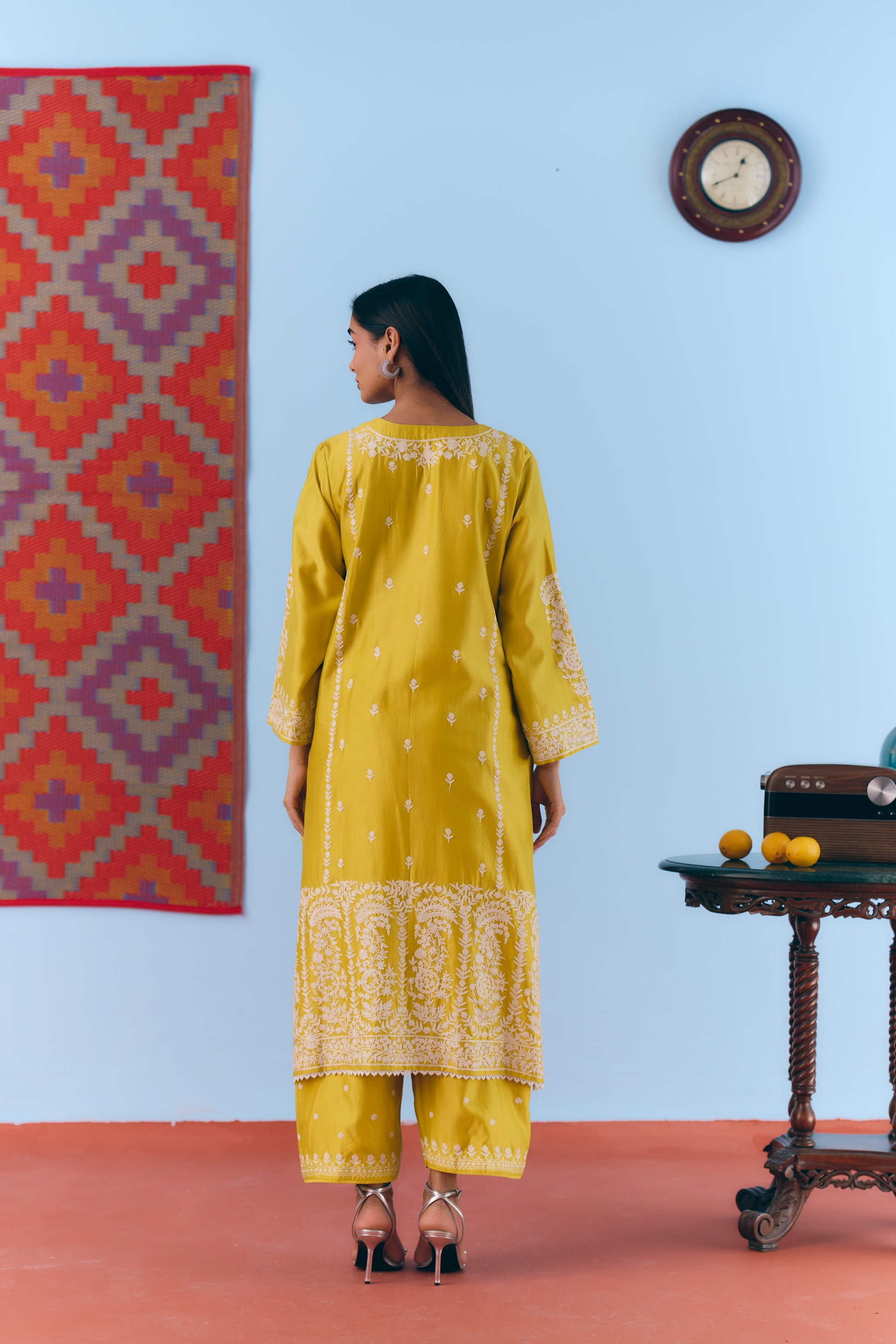 Yellow Silk Chanderi Kurta Set with White Thread & Pita Embroidery