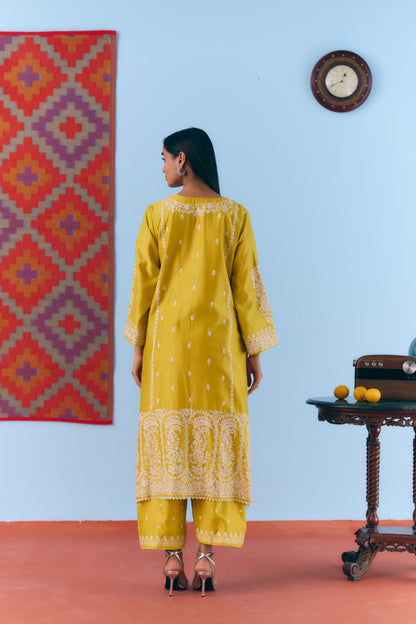 Yellow Silk Chanderi Kurta Set with White Thread & Pita Embroidery