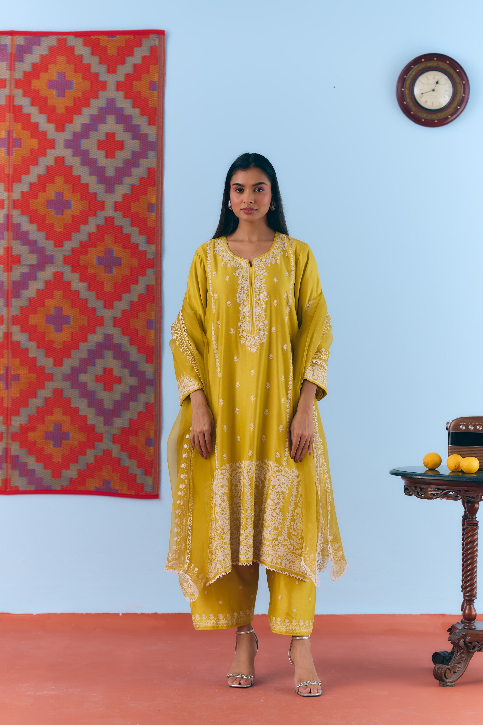 Yellow Silk Chanderi Kurta Set with White Thread & Pita Embroidery