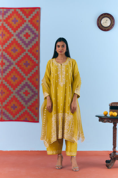 Yellow Silk Chanderi Kurta Set with White Thread & Pita Embroidery